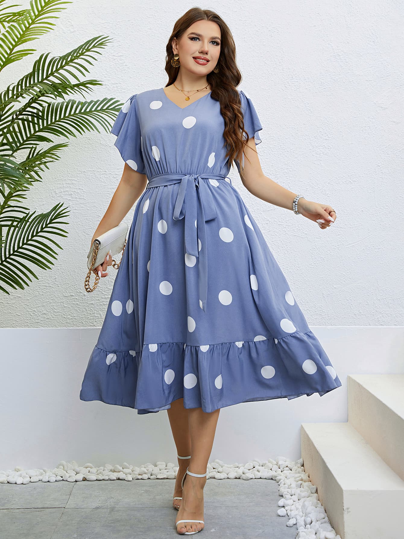 Honey Polka Dot Belted Flutter Sleeve Ruffle Hem Dress - LoveNest Treasures