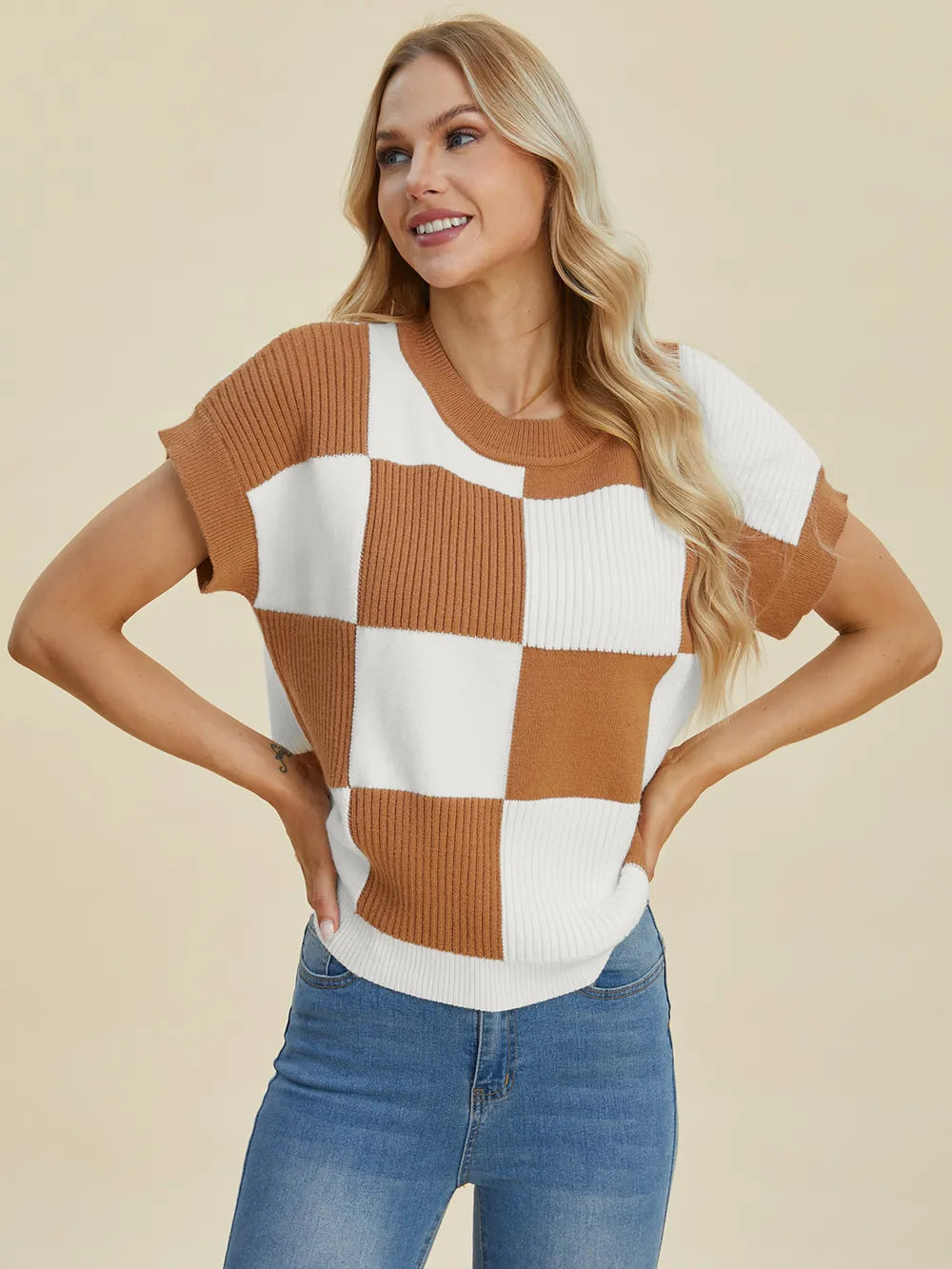 Double Take Full Size Checkered Round Neck Short Sleeve Sweater - LoveNest Treasures