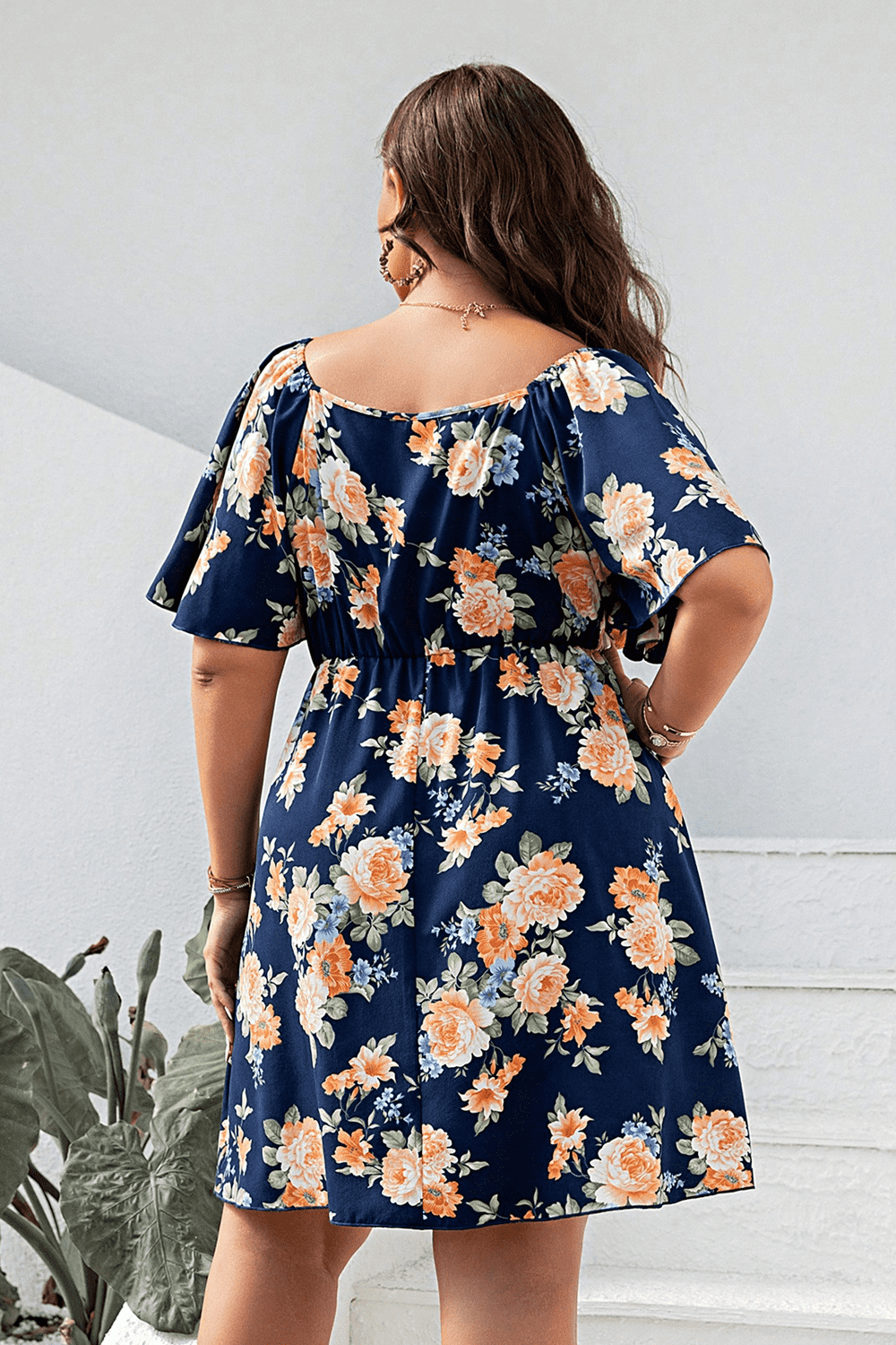 Plus Size Floral Print V-Neck Flutter Sleeve Mini Dress - LoveNest Treasures