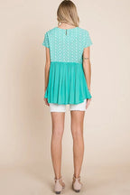 Lime 'N' Chili Full Size Embroidered Short Sleeve Pleated Babydoll Top Plus Size - LoveNest Treasures
