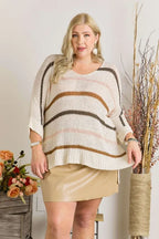 ADORA Full Size Multi Color Strip Sweater Plus Size - LoveNest Treasures