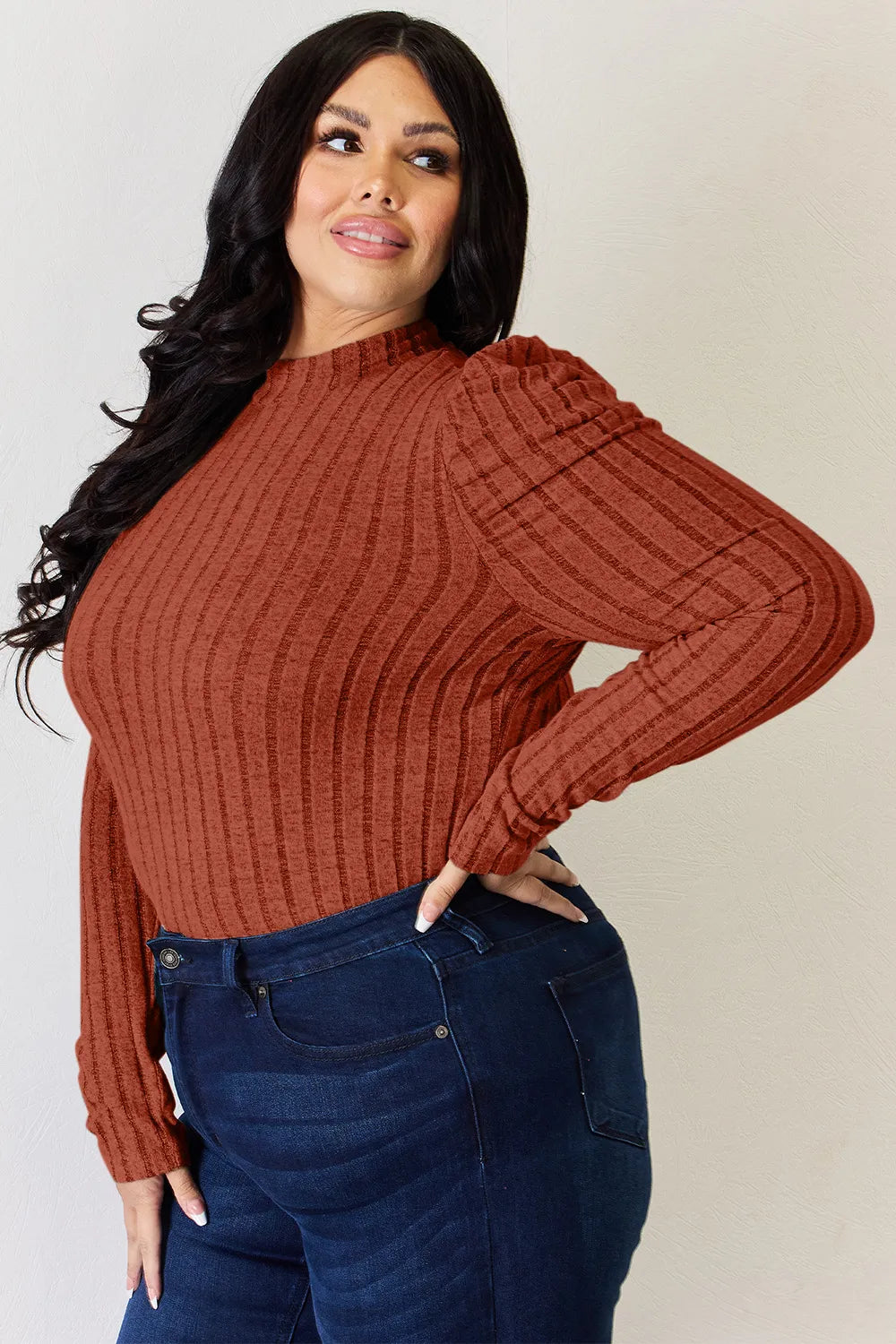 Basic Bae Full Size Ribbed Mock Neck Puff Sleeve T-Shirt - LoveNest Treasures