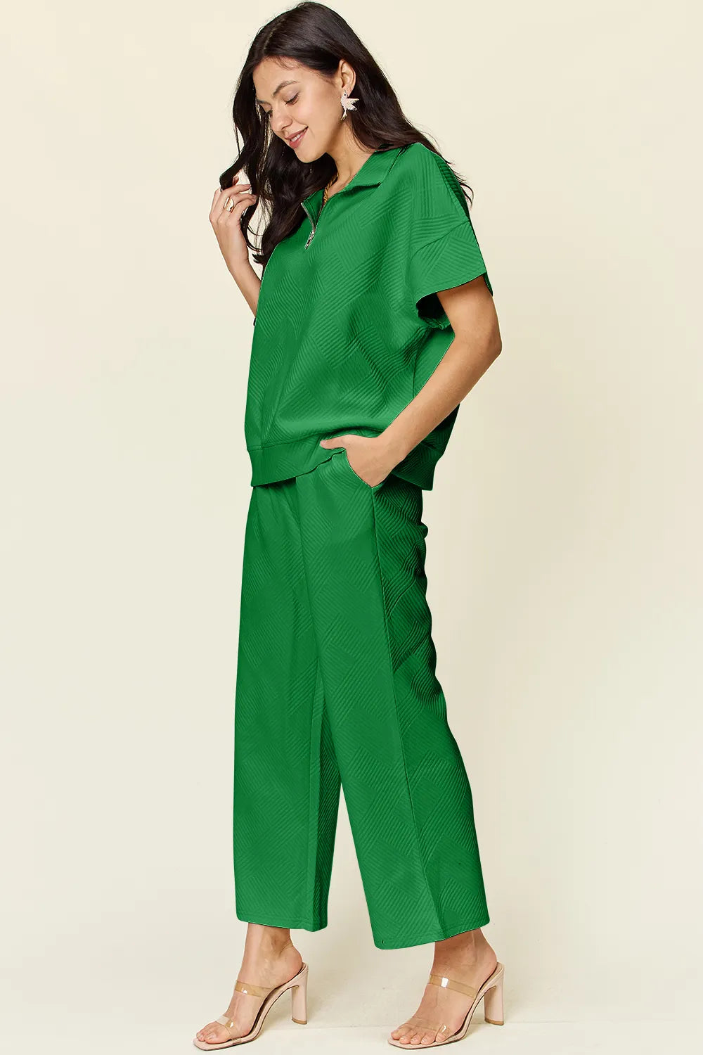 Double Take Full Size Texture Half Zip Short Sleeve Top and Pants Set - LoveNest Treasures