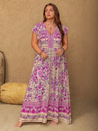 Plus Size Printed V-Neck Cap Sleeve Maxi Dress - LoveNest Treasures