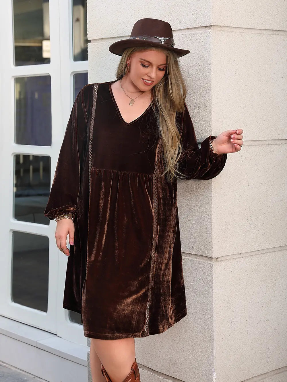 Plus Size V-Neck Balloon Sleeves Dress - LoveNest Treasures