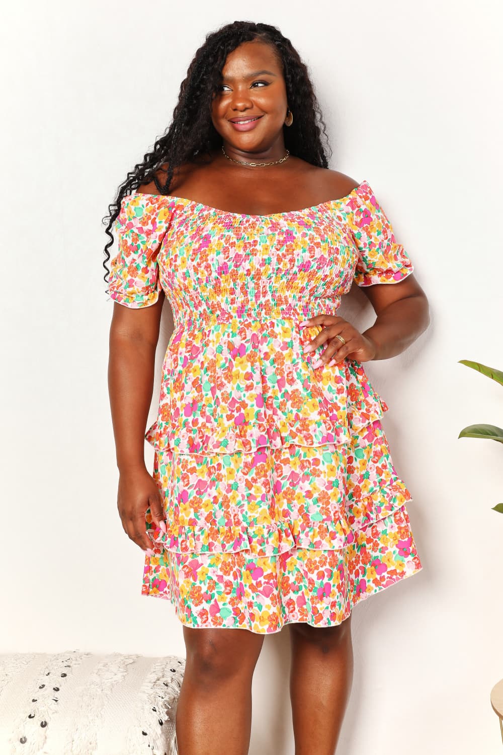 Devine Smocked Sweetheart Neck Flounce Sleeve Mini Dress - LoveNest Treasures