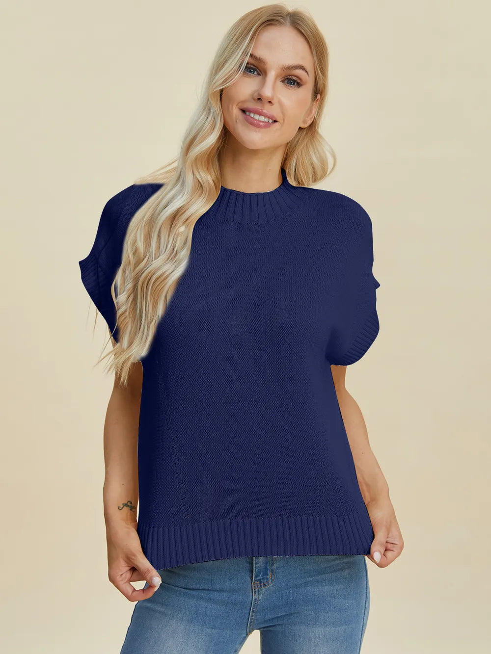 Double Take Full Size Mock Neck Short Sleeve Sweater - LoveNest Treasures
