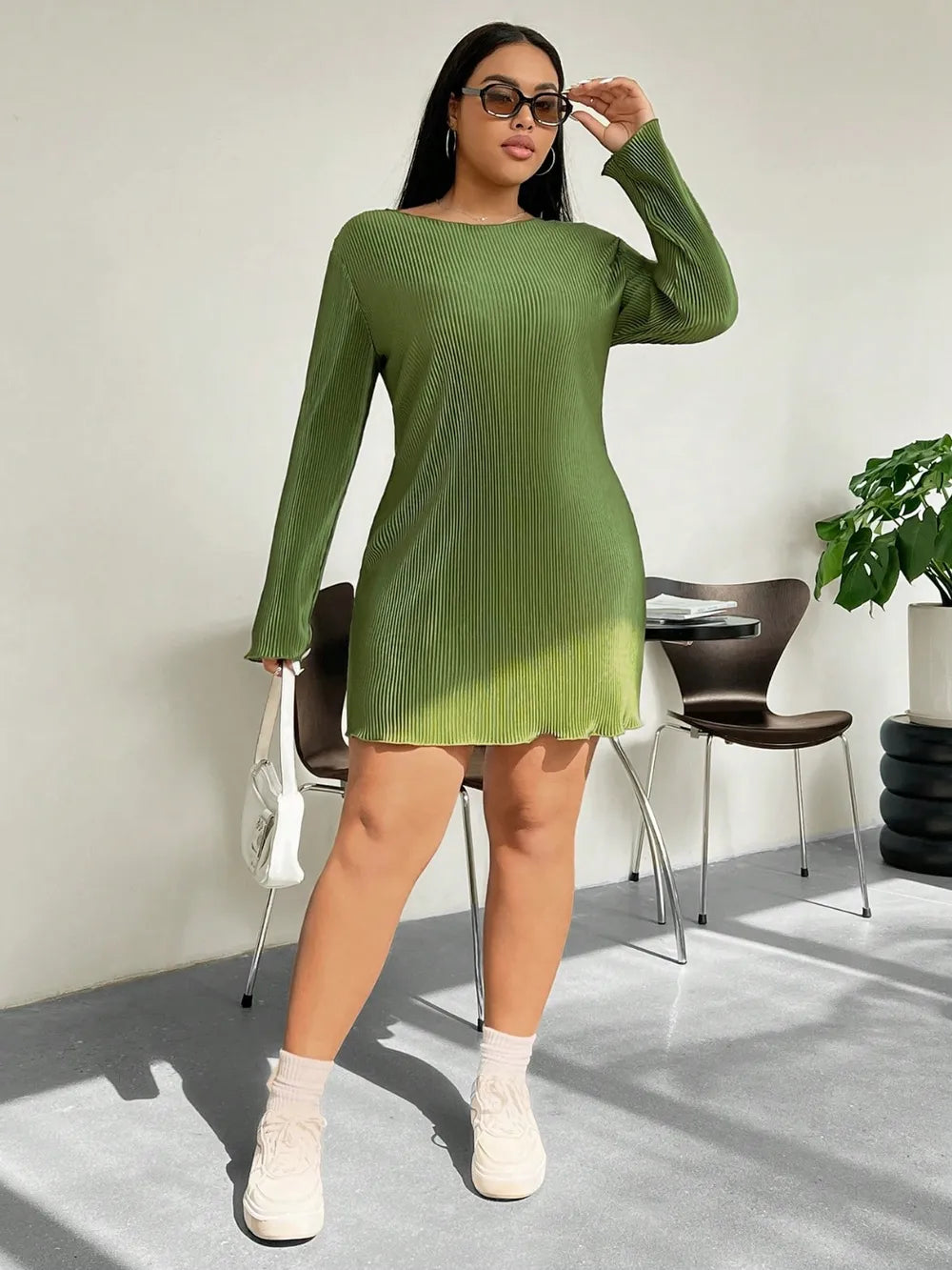 Honey Plus Size Lettuce Hem Round Neck Long Sleeve Dress - LoveNest Treasures