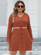 Plus Size Ribbed Buttoned V-Neck Long Sleeve Dress - LoveNest Treasures