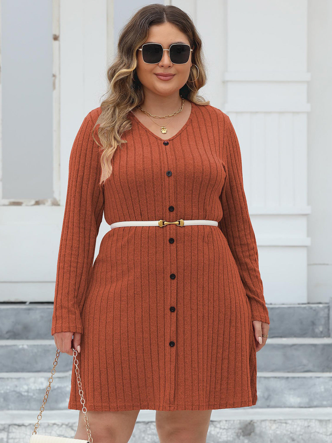 Plus Size Ribbed Buttoned V-Neck Long Sleeve Dress - LoveNest Treasures