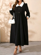 Plus Size Contrast Collared Neck Long Sleeve Midi Dress - LoveNest Treasures