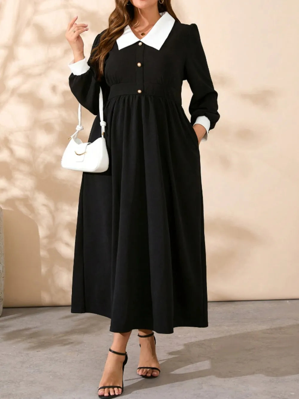 Plus Size Contrast Collared Neck Long Sleeve Midi Dress - LoveNest Treasures