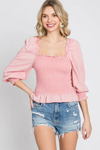 GeeGee Full Size Ruffled Smocked Frill Square Neck Top Plus Size - LoveNest Treasures