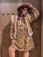 Plus Size Printed V-Neck Balloon Sleeve Mini Dress - LoveNest Treasures