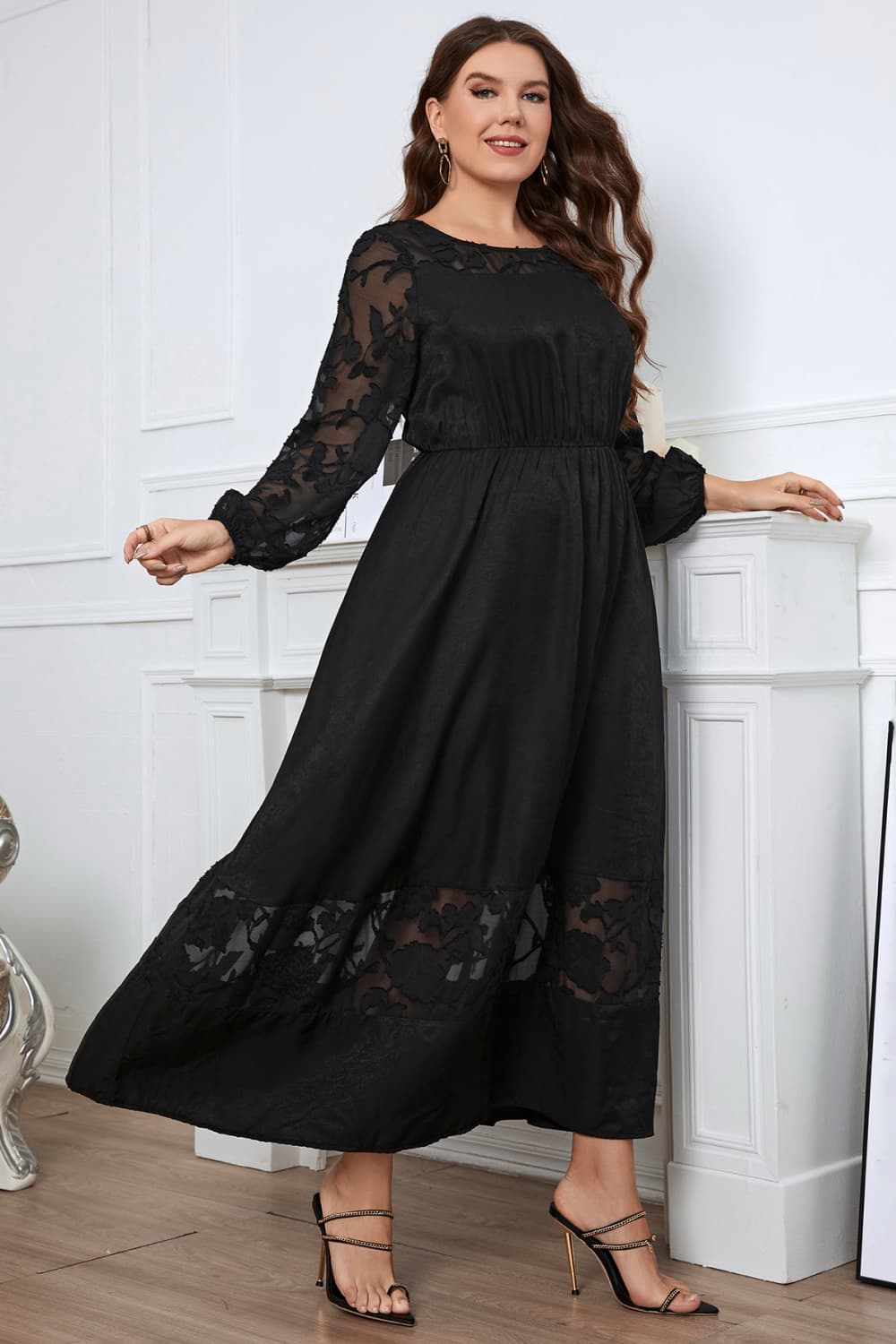 Honey Plus Size Embroidery Round Neck Long Sleeve Maxi Dress - LoveNest Treasures