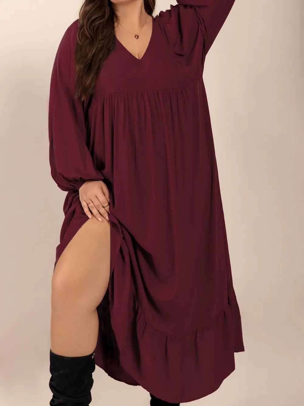 Plus Size Ruffled Hem V-Neck Balloon Sleeve Dress - LoveNest Treasures