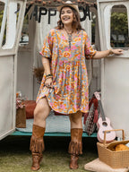Plus Size Ruched Printed Half Sleeve Mini Dress - LoveNest Treasures