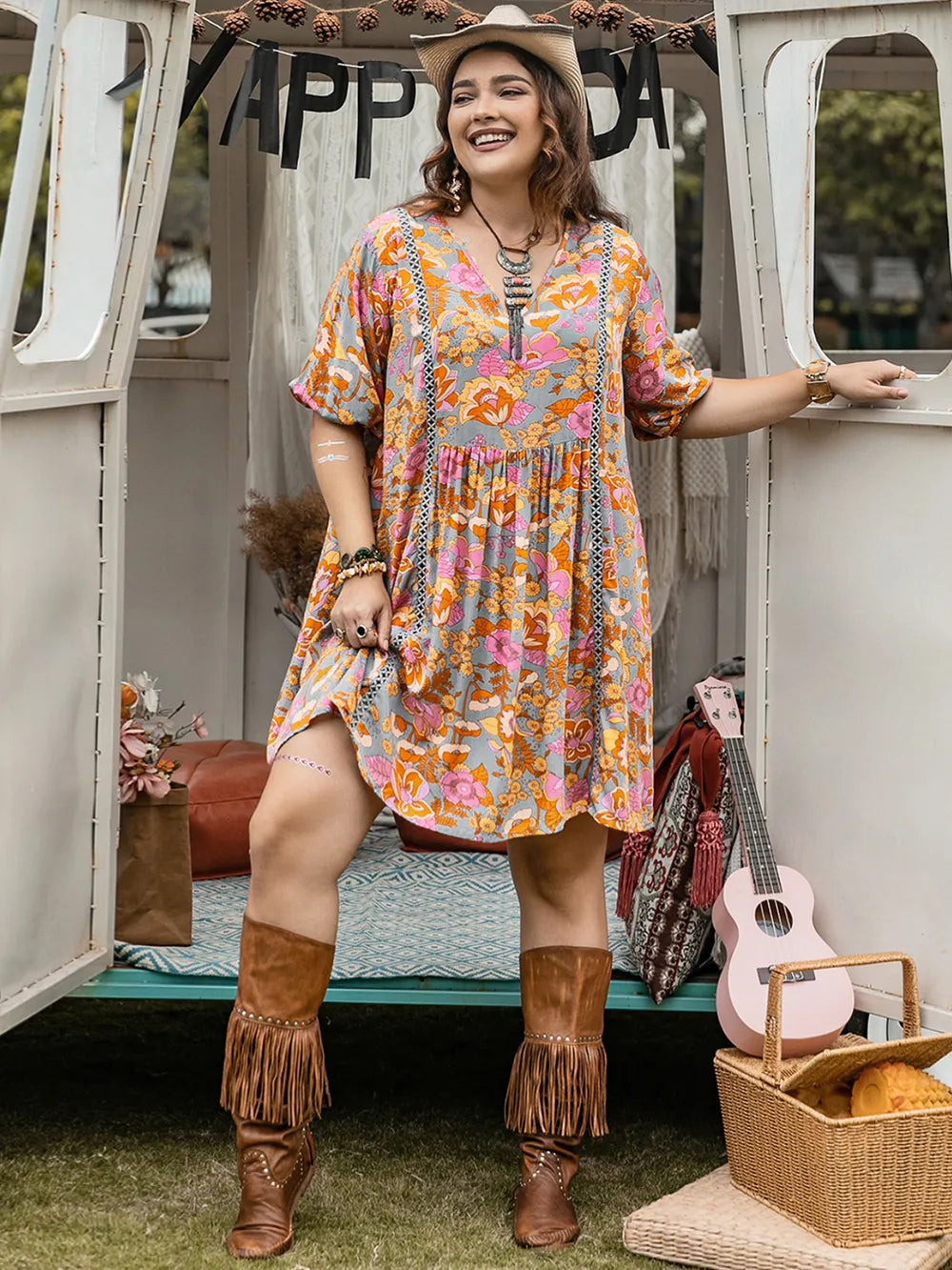 Plus Size Ruched Printed Half Sleeve Mini Dress - LoveNest Treasures