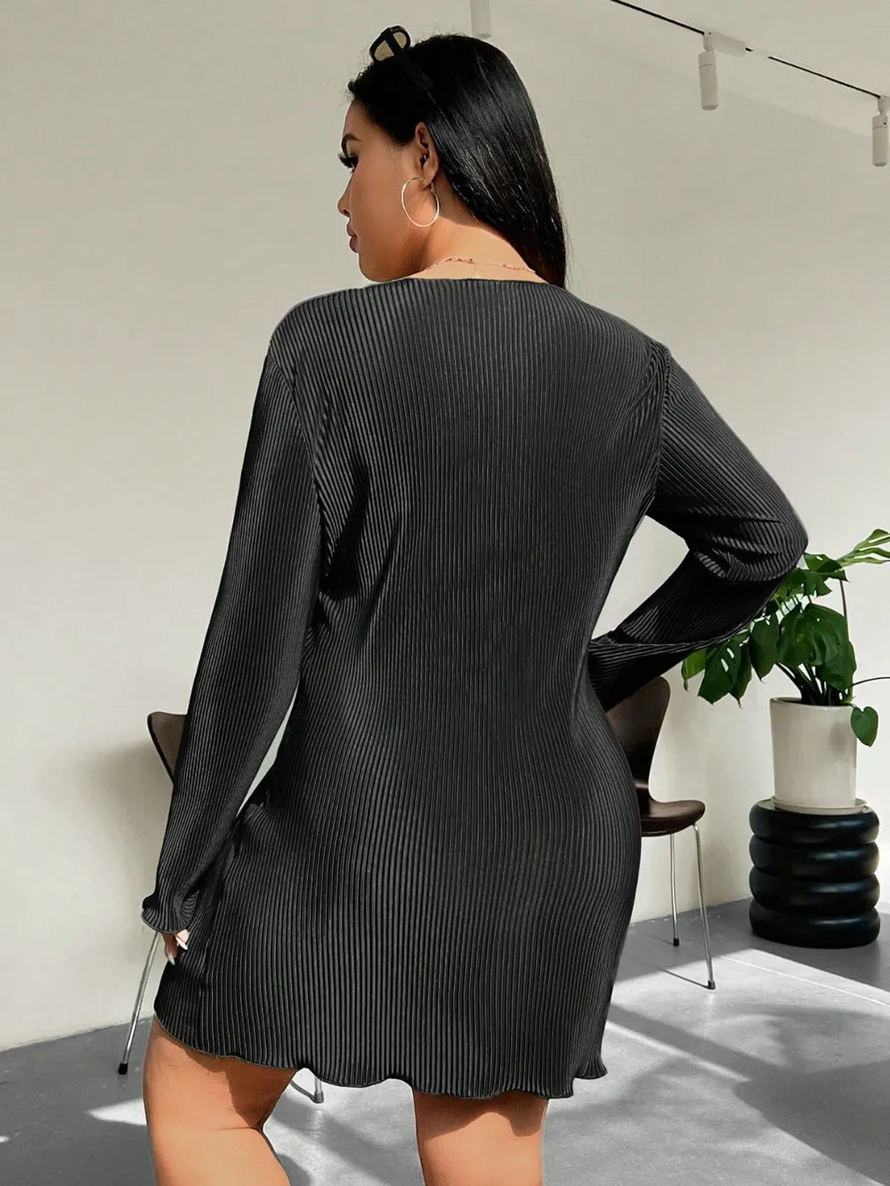 Honey Plus Size Lettuce Hem Round Neck Long Sleeve Dress - LoveNest Treasures