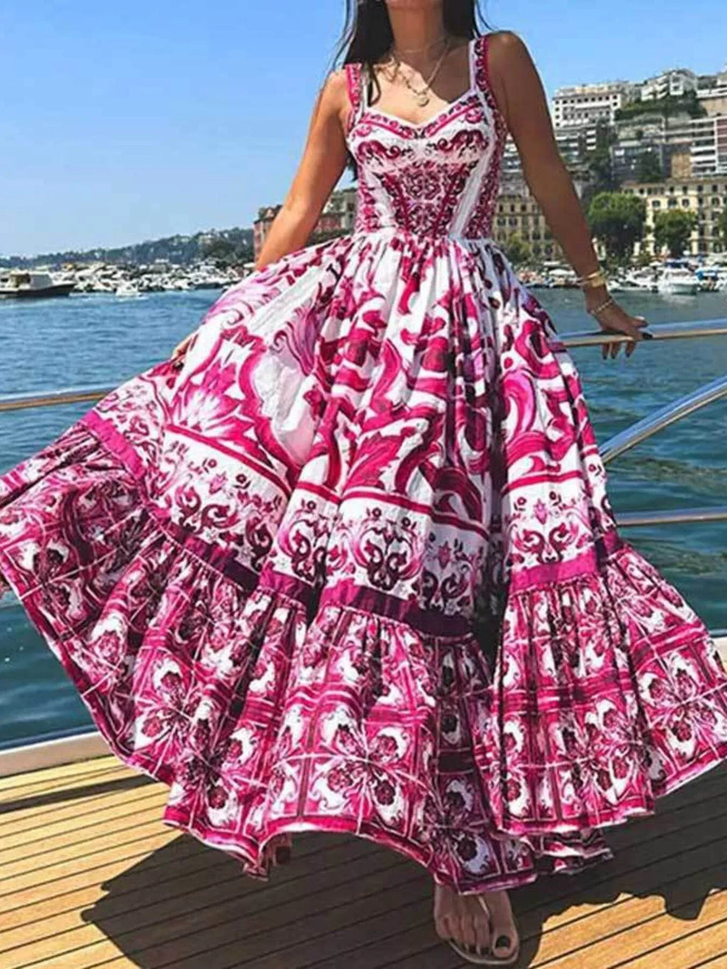 Full Size Printed Sweetheart Neck Maxi Cami Dress Plus Size - LoveNest Treasures