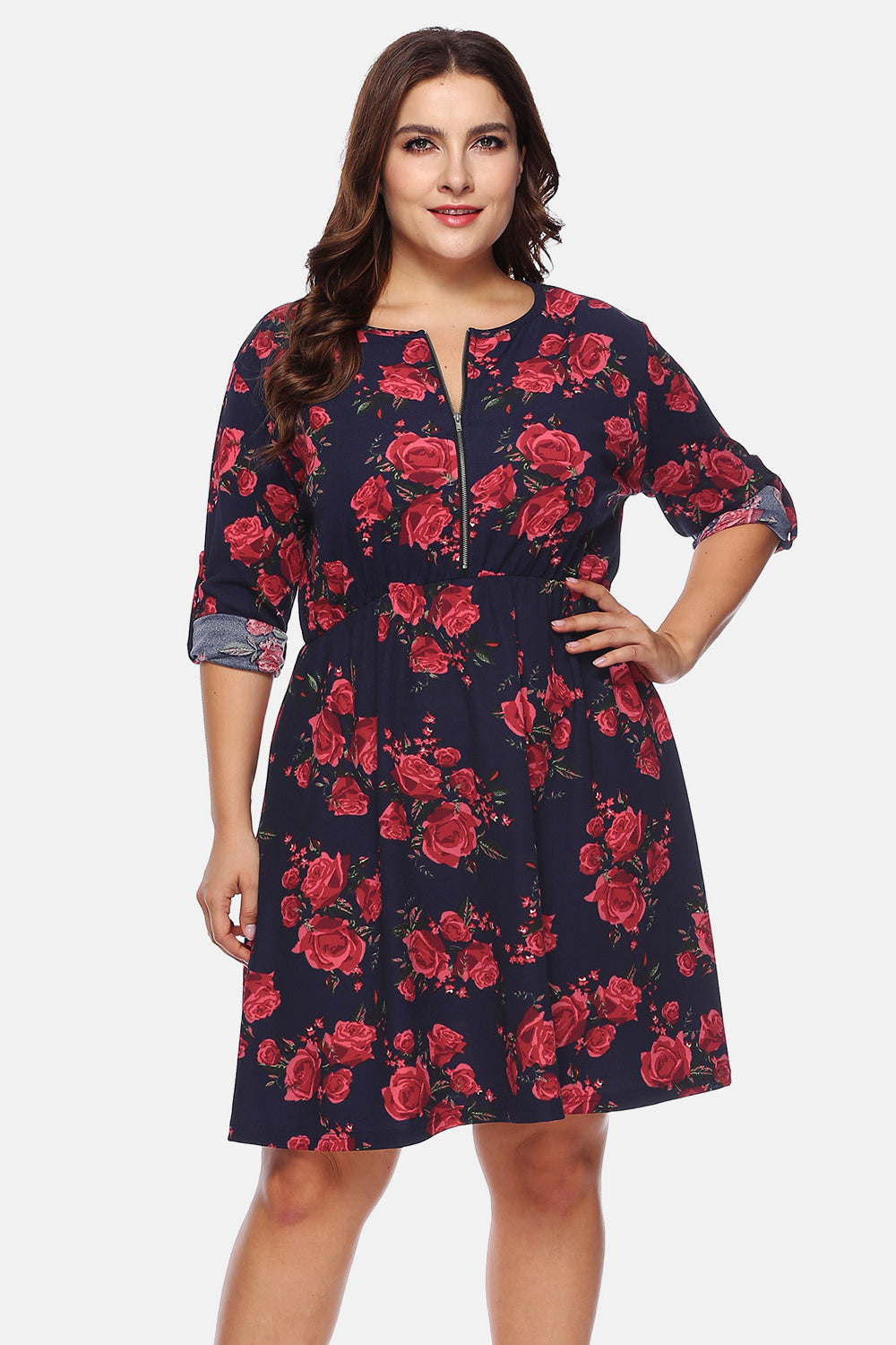 Plus Size Floral Print Half Zip Up Dress - LoveNest Treasures