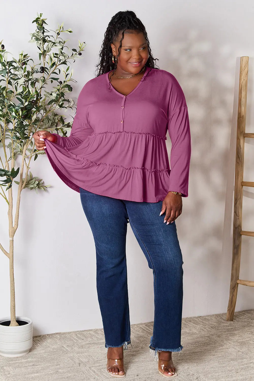 Double Take Half Button Long Sleeve Ruffle Hem Blouse - LoveNest Treasures