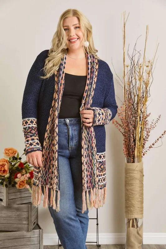 ADORA Full Size Fringe Hem Aztec Border Cardigan Plus Size - LoveNest Treasures