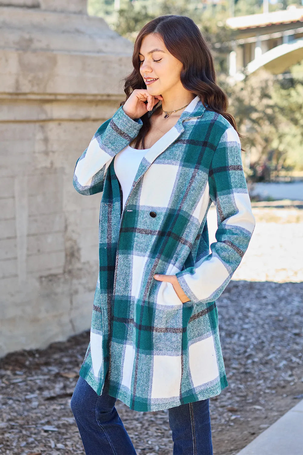 Double Take Full Size Plaid Button Up Lapel Collar Coat - LoveNest Treasures