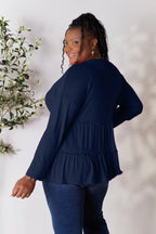 Double Take Half Button Long Sleeve Ruffle Hem Blouse - LoveNest Treasures