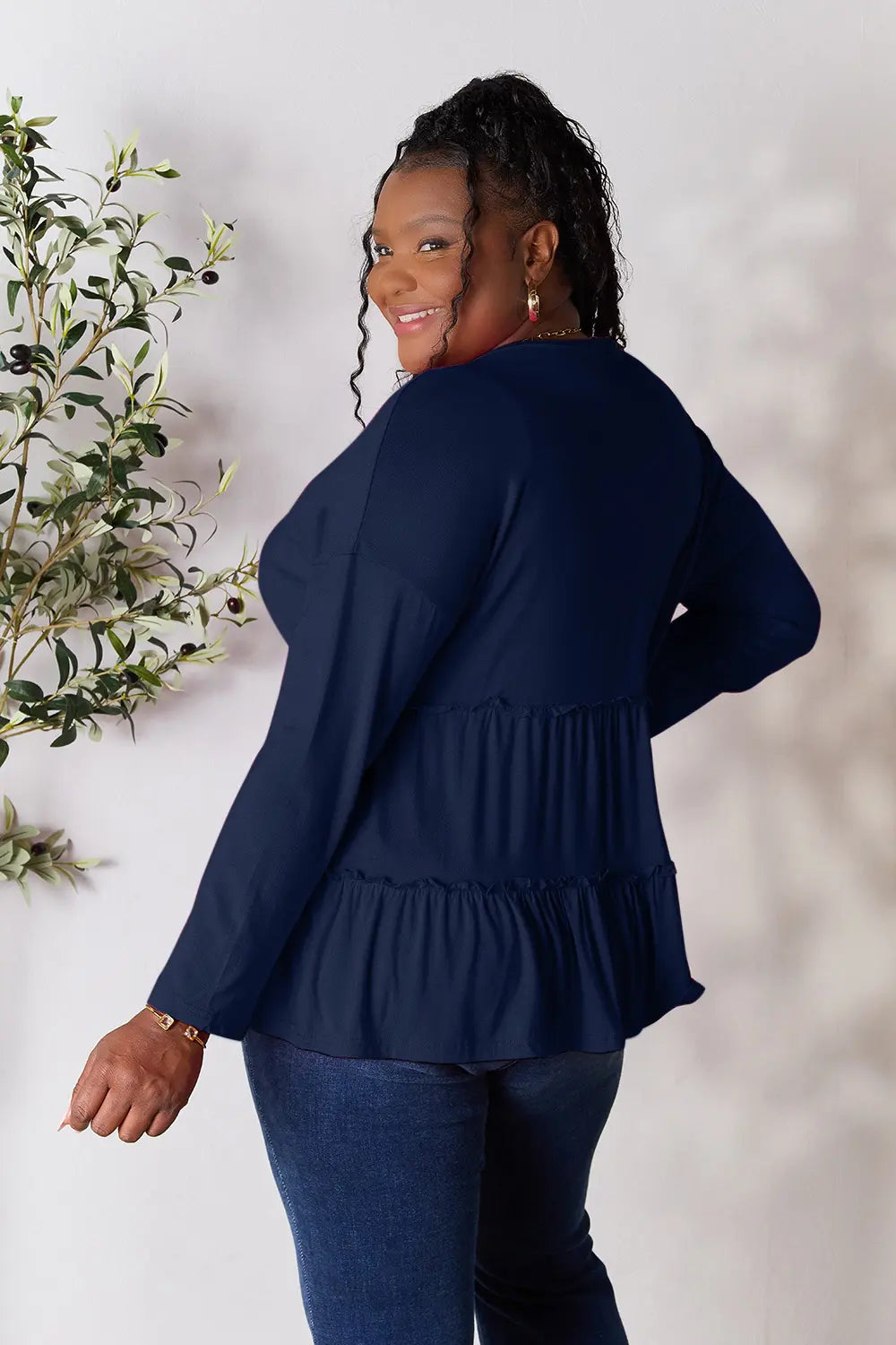 Double Take Half Button Long Sleeve Ruffle Hem Blouse - LoveNest Treasures