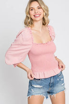 GeeGee Full Size Ruffled Smocked Frill Square Neck Top Plus Size - LoveNest Treasures