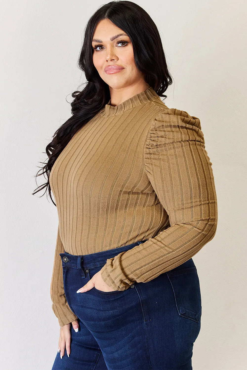 Basic Bae Full Size Ribbed Mock Neck Puff Sleeve T-Shirt - LoveNest Treasures