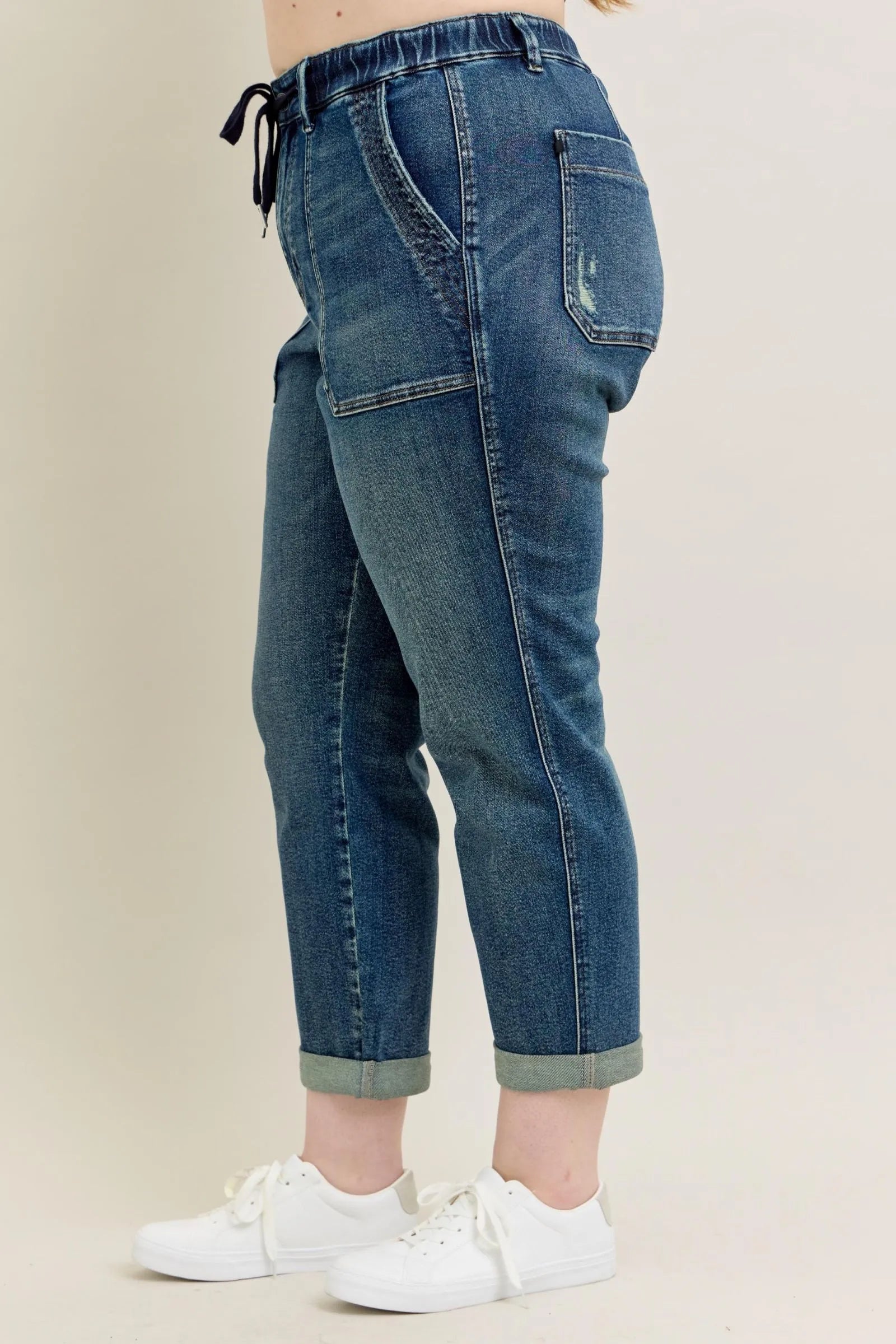 Judy Blue Full Size HW Vintage Wash Jeans w/ Drawstring Plus Size - LoveNest Treasures