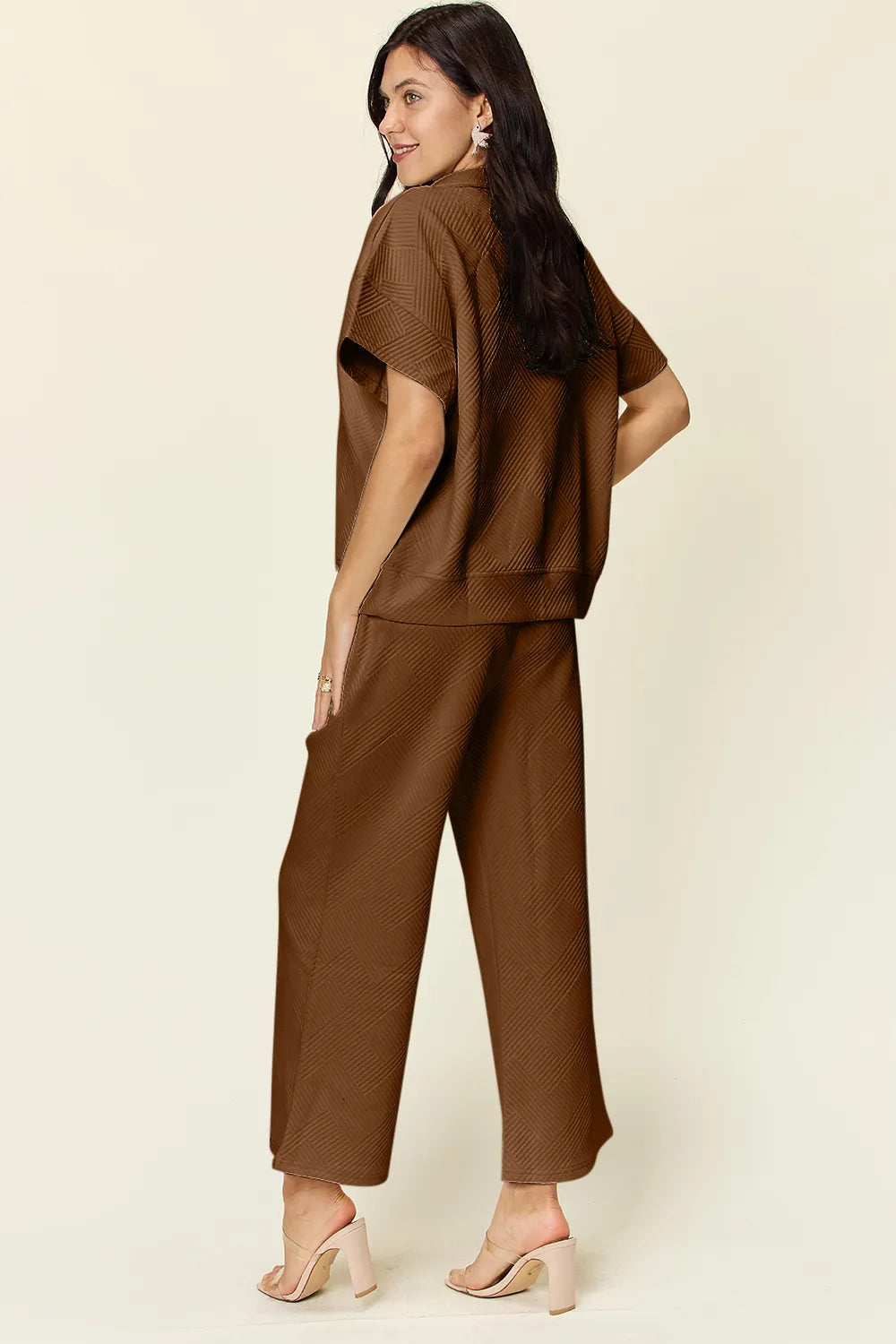 Double Take Full Size Texture Half Zip Short Sleeve Top and Pants Set - LoveNest Treasures