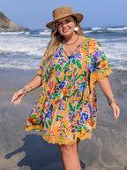 Plus Size Lace Detail Printed Tie Neck Half Sleeve Dress - LoveNest Treasures
