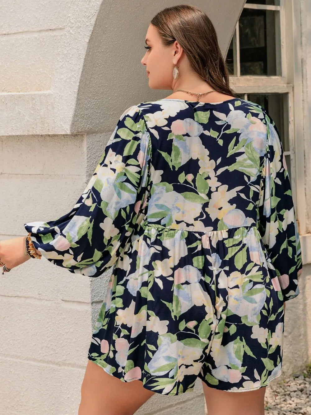 Plus Size Tied Printed Long Sleeve Romper - LoveNest Treasures
