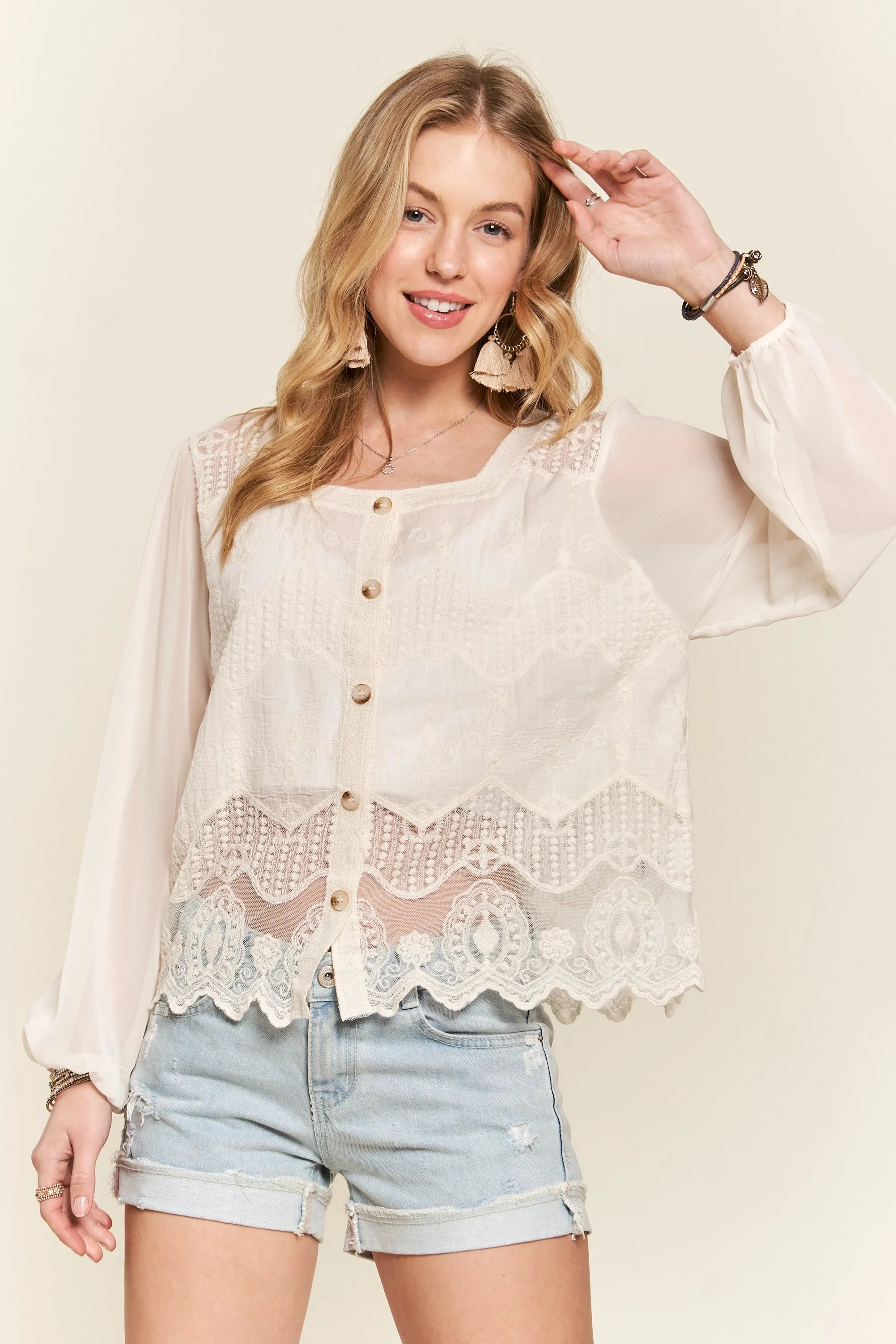 ADORA Button Down Embroidered Blouse - LoveNest Treasures