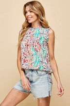 Lime 'N' Chili Full Size Graphic Print Ruffle Trim Mock Neck Sleeveless Top Plus Size - LoveNest Treasures