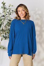 Basic Bae Full Size Ribbed Round Neck Slit Knit Top - LoveNest Treasures