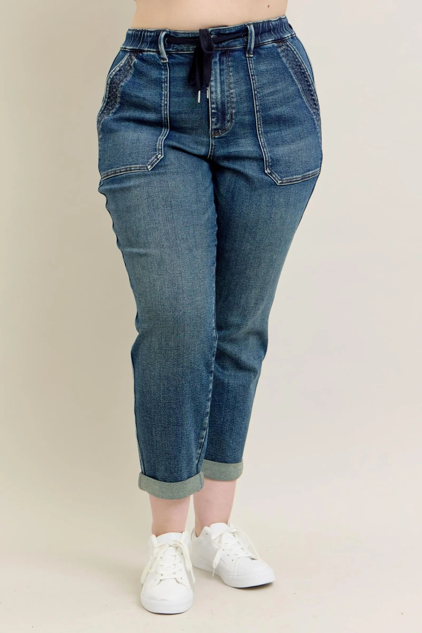 Judy Blue Full Size HW Vintage Wash Jeans w/ Drawstring Plus Size - LoveNest Treasures