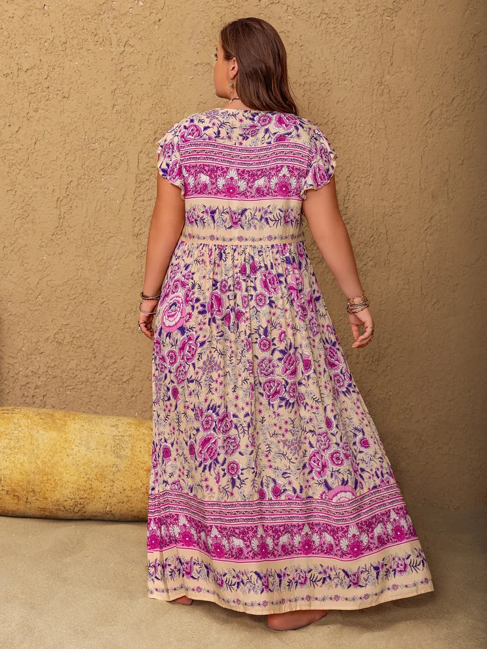 Plus Size Printed V-Neck Cap Sleeve Maxi Dress - LoveNest Treasures