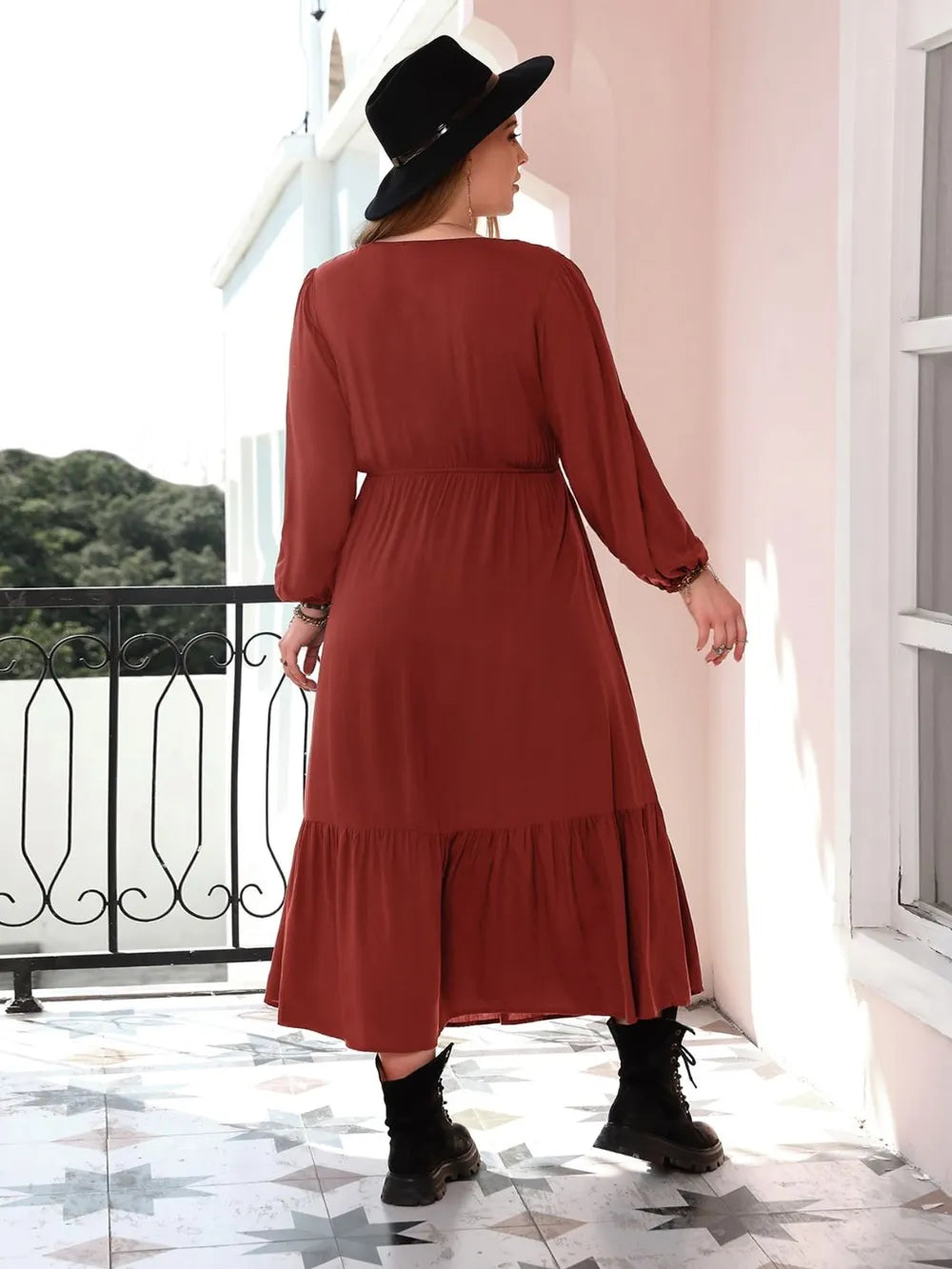 Plus Size Quarter Button V-Neck Long Sleeve Dress - LoveNest Treasures