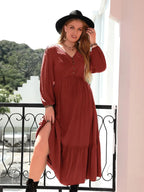 Plus Size Quarter Button V-Neck Long Sleeve Dress - LoveNest Treasures