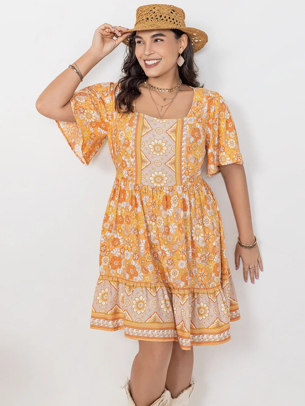 Plus Size Printed Square Neck Short Sleeve Dress - LoveNest Treasures