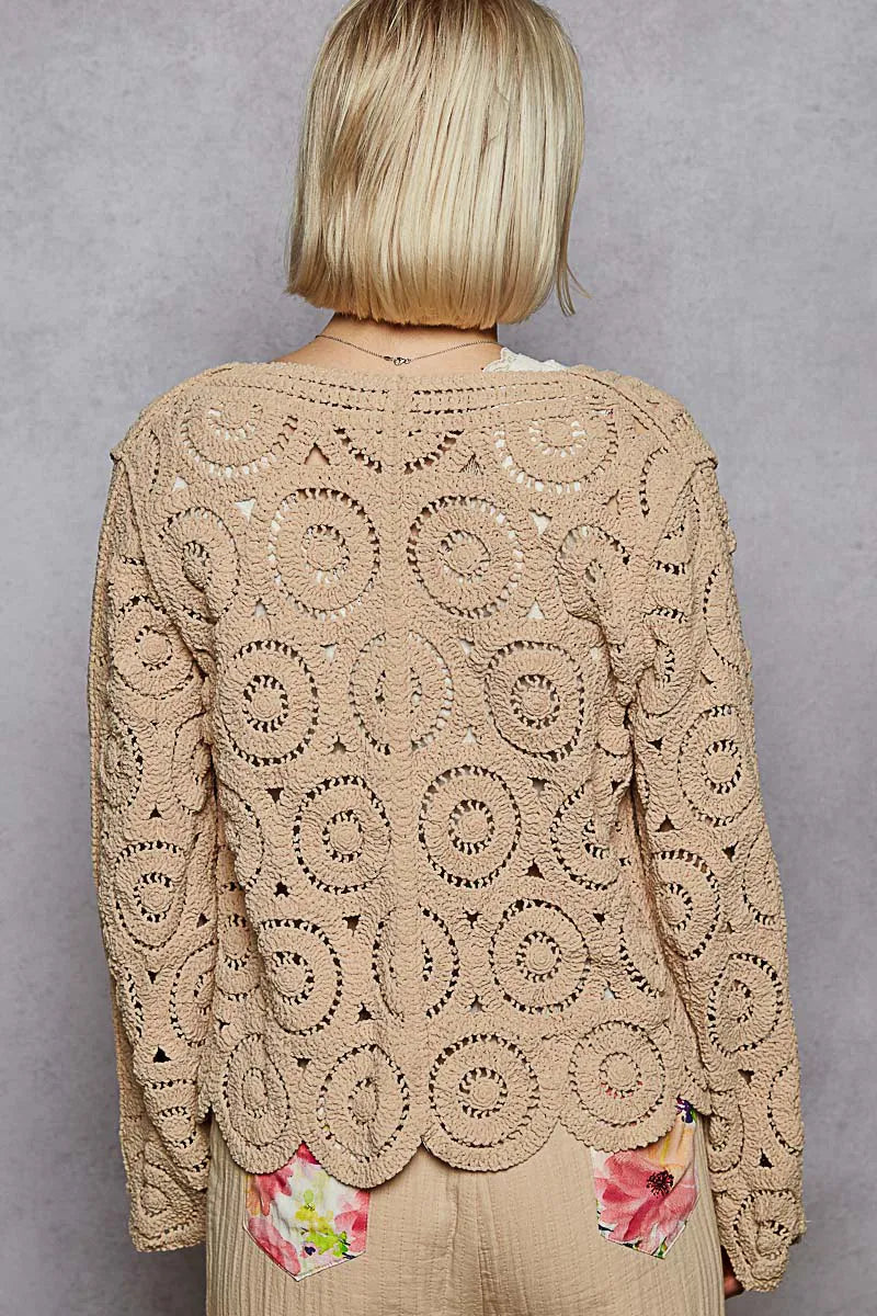 POL Button Down V-Neck Crochet Cardigan - LoveNest Treasures