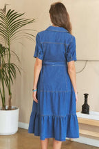 ADORA Tiered Button Down Tie Waist Short Sleeve Denim Dress - LoveNest Treasures