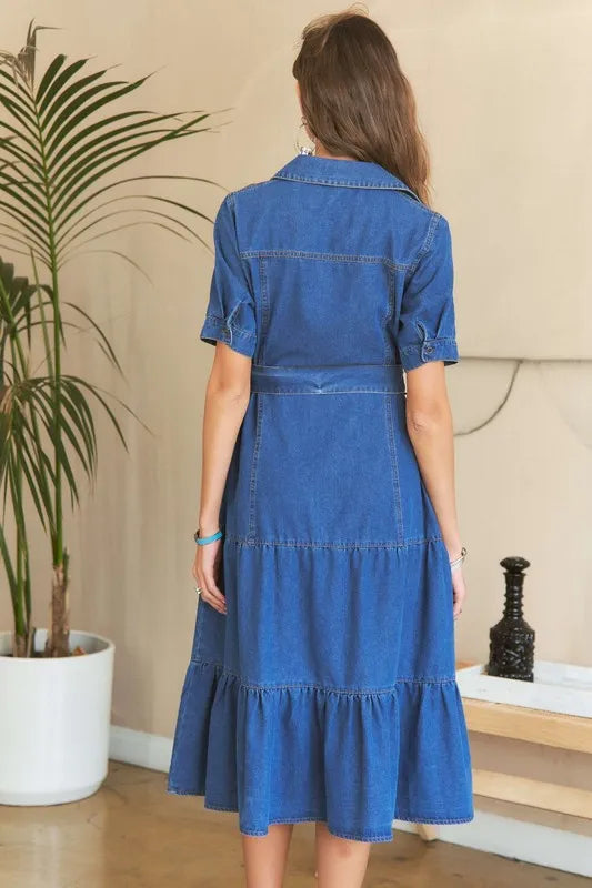 ADORA Tiered Button Down Tie Waist Short Sleeve Denim Dress - LoveNest Treasures