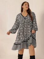 Plus Size Lace Detail Printed Balloon Sleeve Dress - LoveNest Treasures