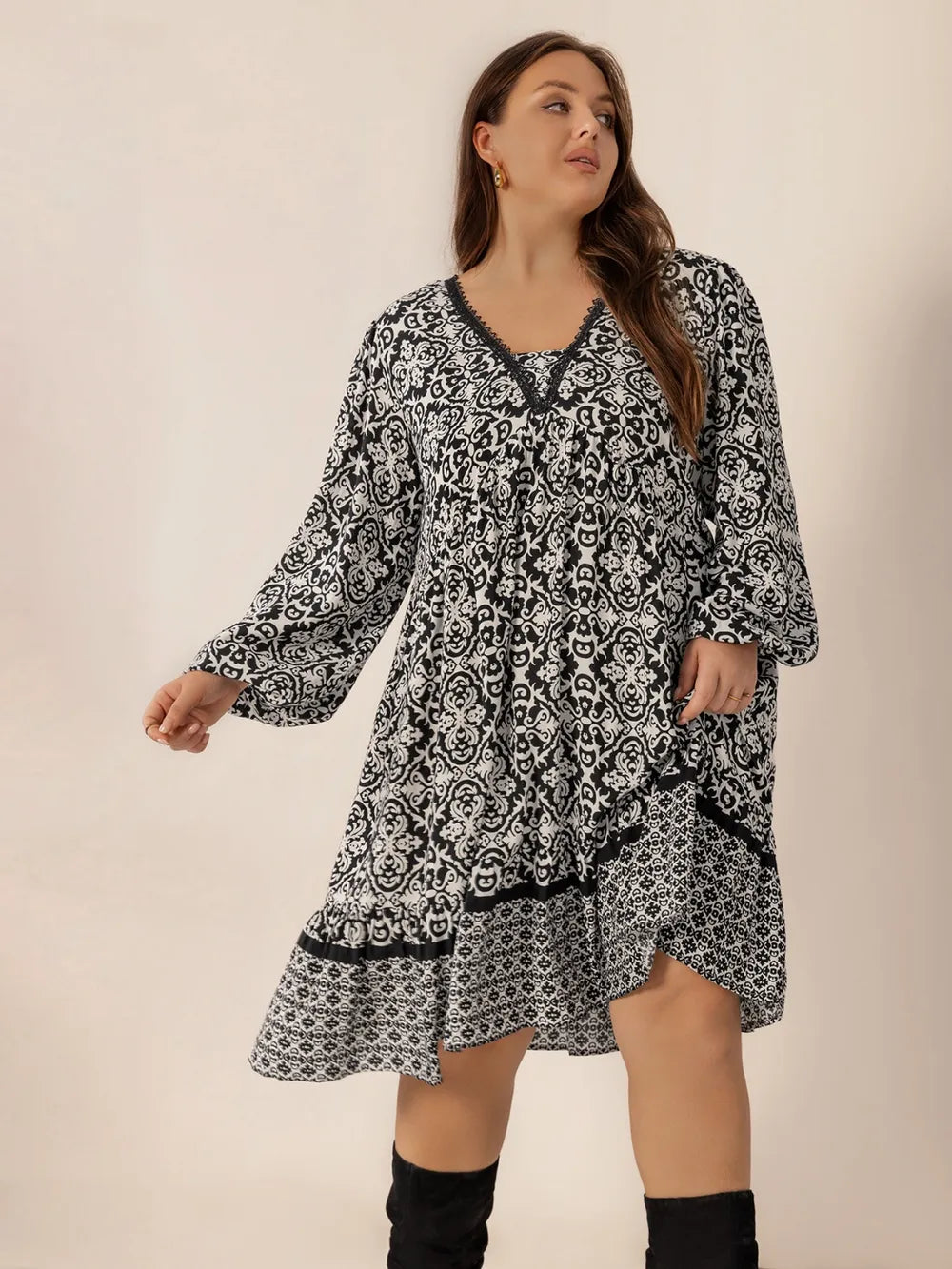 Plus Size Lace Detail Printed Balloon Sleeve Dress - LoveNest Treasures