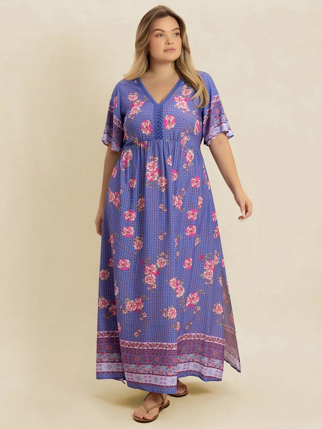Plus Size Printed V-Neck Flutter Sleeve Dress - LoveNest Treasures